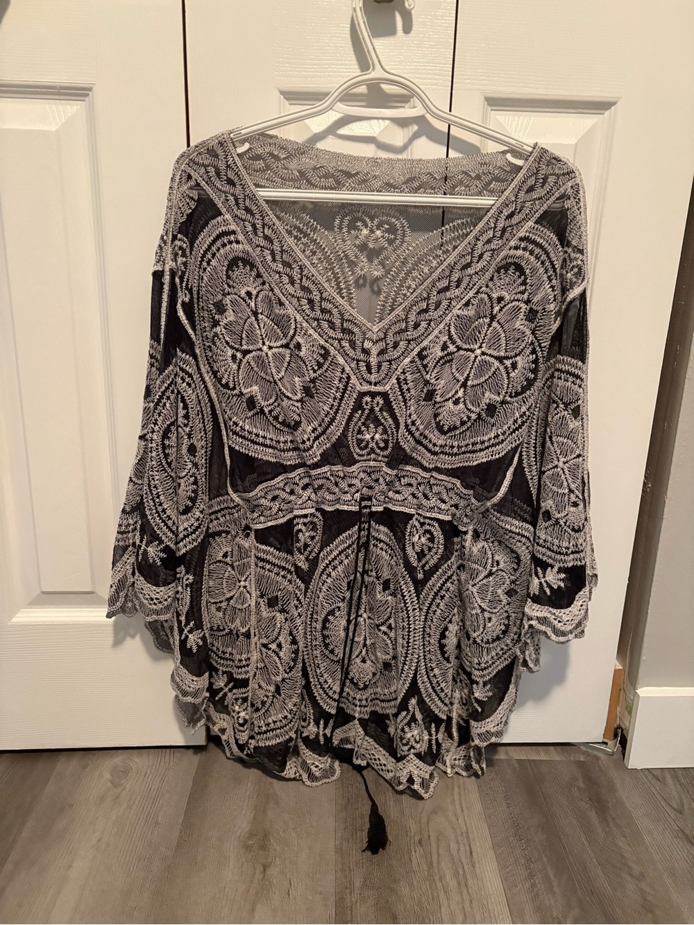 Boho Lace-Overlay Black Tunic Top